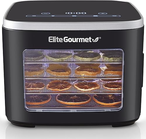 Elite Gourmet EFD809D Deshidratador de Alimentos con 5 Bandejas de Acero Inoxidable, Temperatura y Tiempo Ajustables + Mantener Caliente, Incluye