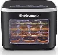 Elite Gourmet EFD809D Desidratador de alimentos com 5 bandejas de aço inoxidável, temperatura ajustável e tempo manter o calor, inclui luz interior, bandeja de rolos de frutas e folheto de