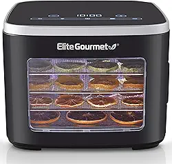 Elite Gourmet EFD809D Desidratador de alimentos com 5 bandejas de aço inoxidável, temperatura ajustável e tempo manter o calor, inclui luz interior, bandeja de rolos de frutas e folheto de