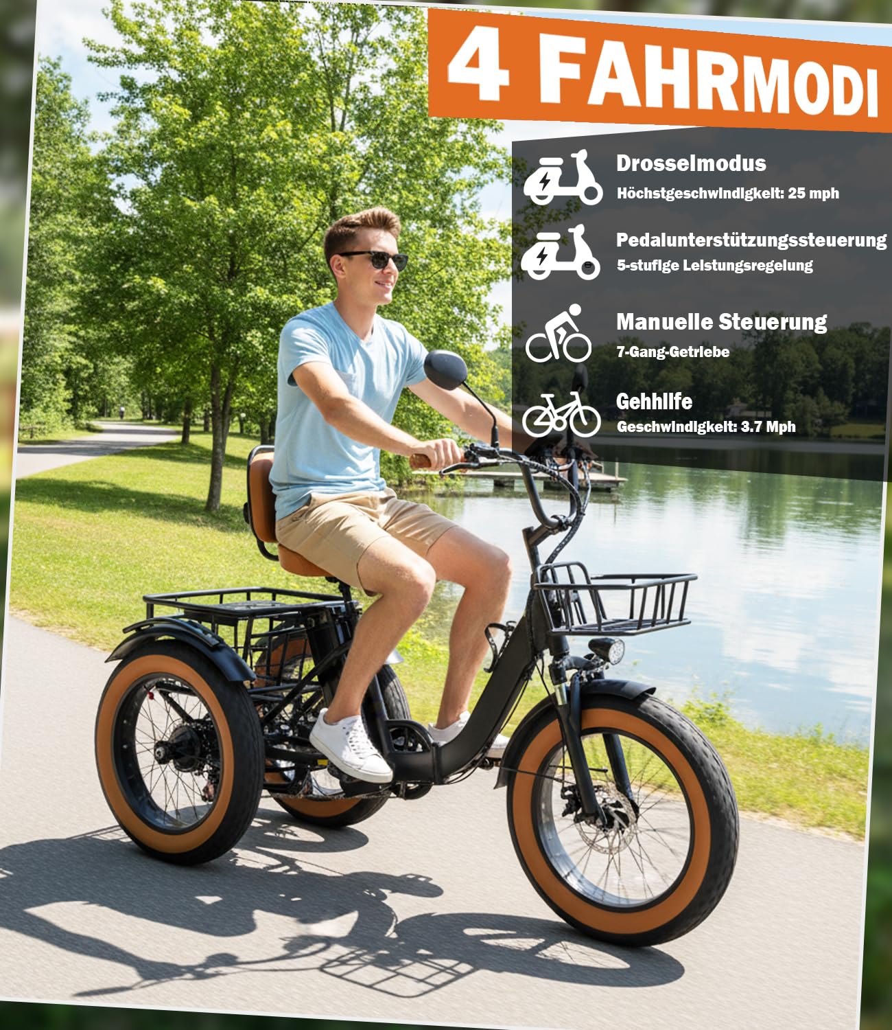 Elektro-Dreirad für Erwachsene, faltbares E-Trike mit 48V 15,6Ah Akku,zu 70-90 km Reichweite, 20×4 Zoll Fat Tires, 7-Gang-Schaltung, Differenzial, Aluminiumrahmen, bis 150 kg