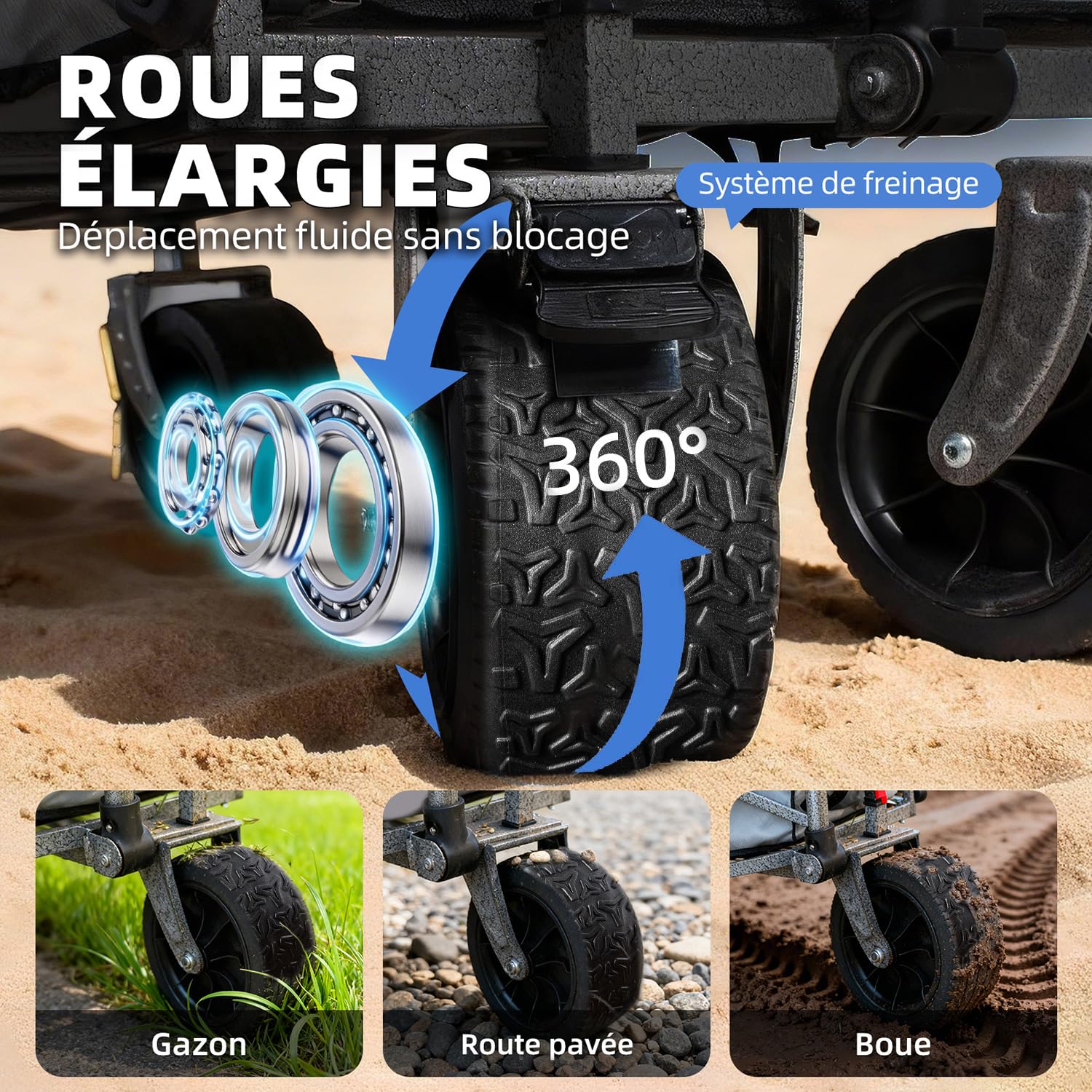Chariot de Plage Pliable, Capacité 272KG, Roues Larges Tout-Terrain pour Plage, Jardin, Camping, Pêche et Barbecue, Gris