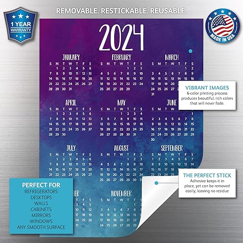 Miniatura 3 de Calcomanía de calendario anual de año a un vistazo, extraíble y reposicionable (2024, 9 x 12 pulgadas, acuarela)