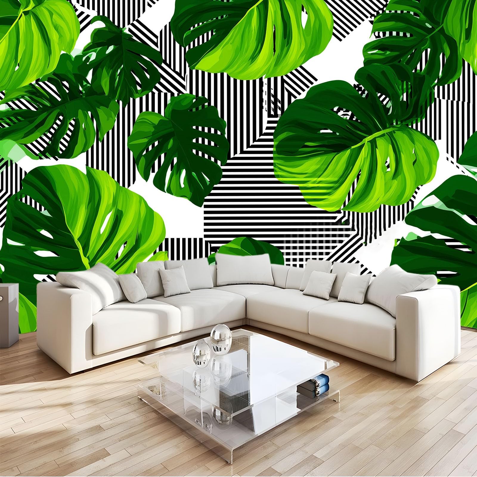 Profesjonalna tapeta 300 x 210 cm z włókniny, odporna na zabrudzenia tapeta do kuchni i jadalni, dekoracja ścienna biała nowoczesna prążkowana monstera