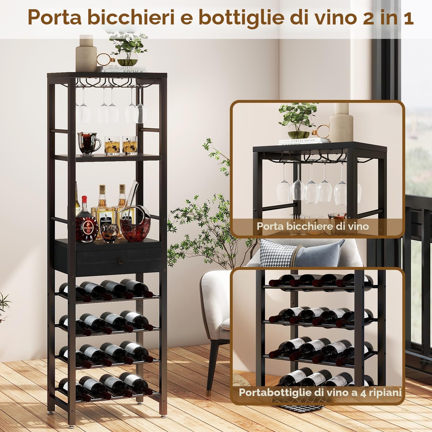 IBUYKE Portabottiglie autoportante da pavimento, armadietto da bar, mobile da bar a 4 ripiani, in legno, con porta bicchieri e cassetto portaoggetti per casa, bar, cucina, soggiorno, nero, TMJ905B