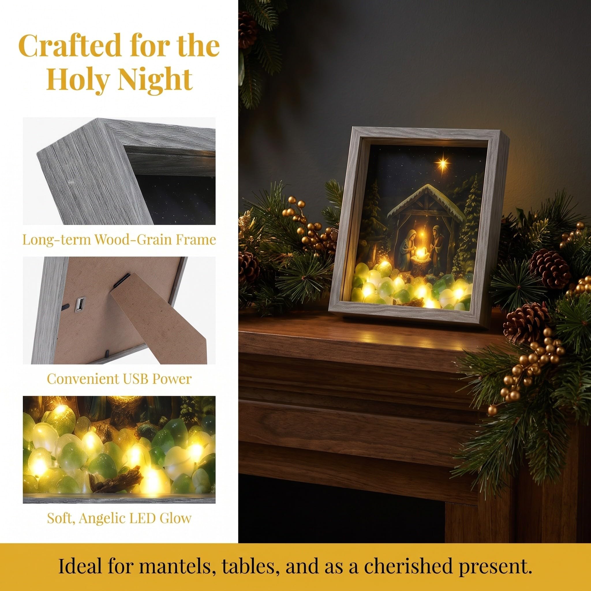 Zerodeko Caja decorativa navideña con diseño de belén: marco de fotos navideño con iluminación LED, marco de madera rústica para fotos navideñas, alimentado por USB para mesa, repisa o chimenea,