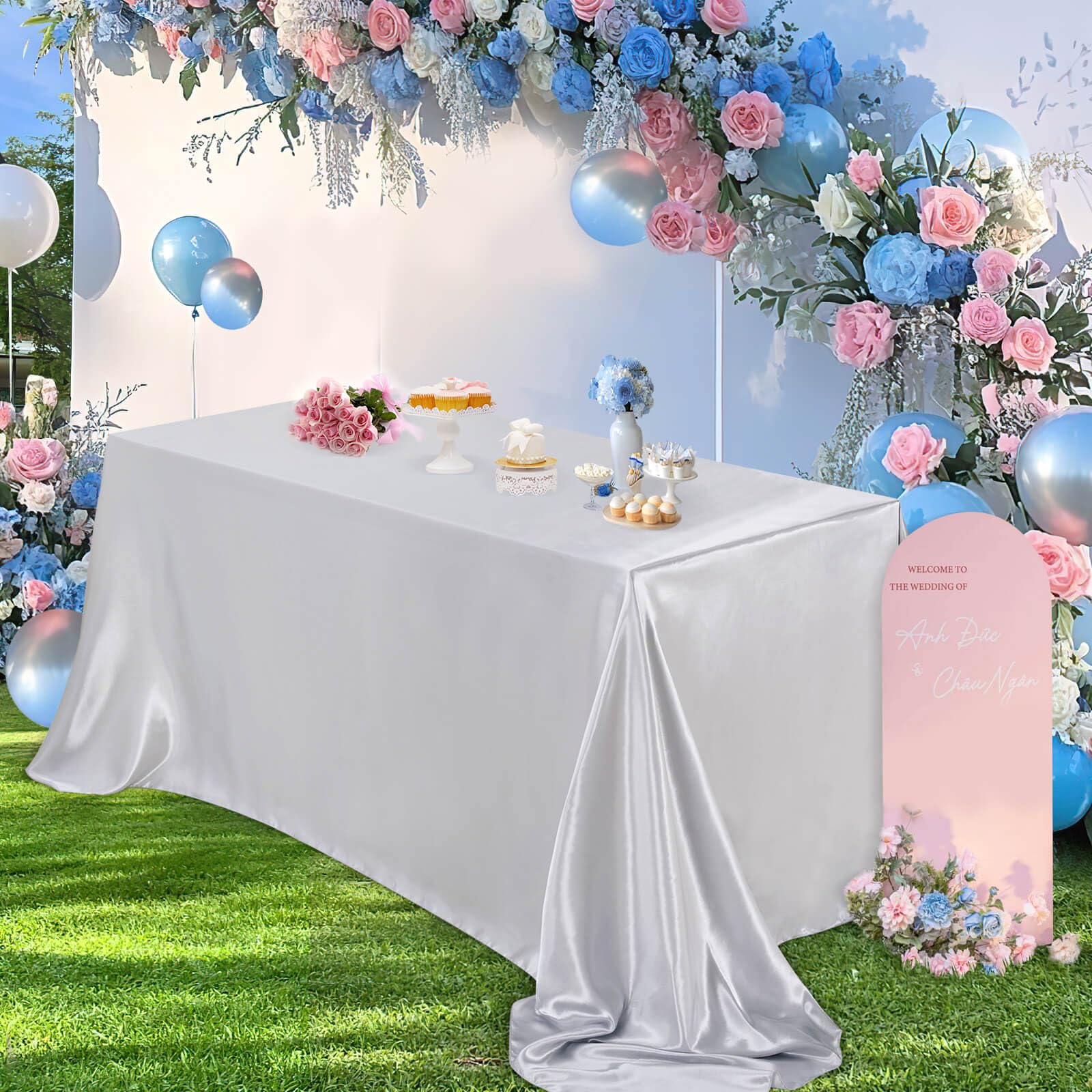 B-COOL Mantel de satén plateado: mantel de seda brillante para fiesta de boda, paquete de 2 paquetes de 59 x 120 pulgadas, rectangular, para mesa de Pascua, para vacaciones, bodas, fiestas, eventos