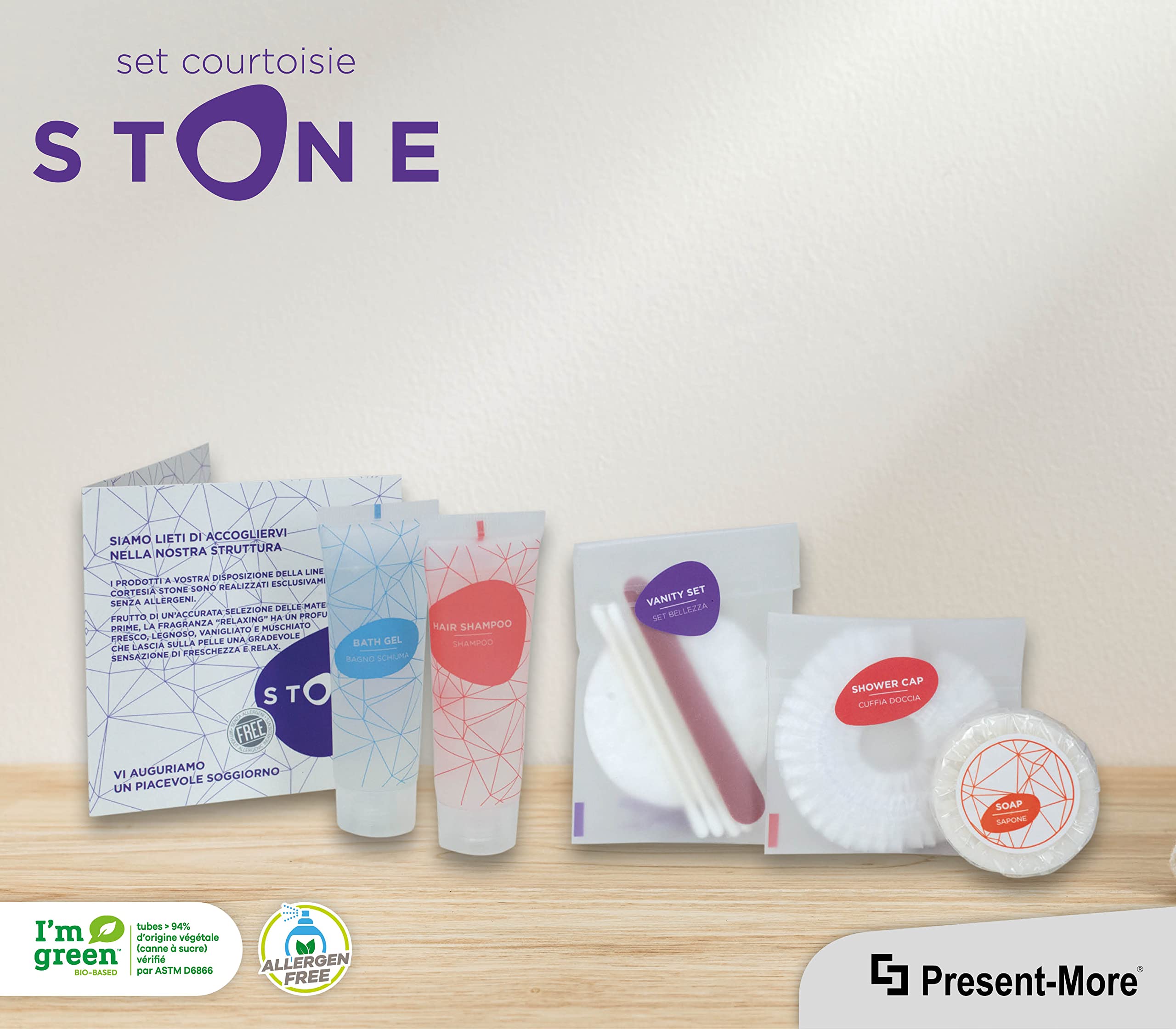 PRESENT-MORE - Kit Accueil 50 Invités Stone - Parfum Relaxing - Contenu: Shampooing, Gel Douche, Savon, Bonnet de Douche et Vanity - Pour Hôtels et B&B