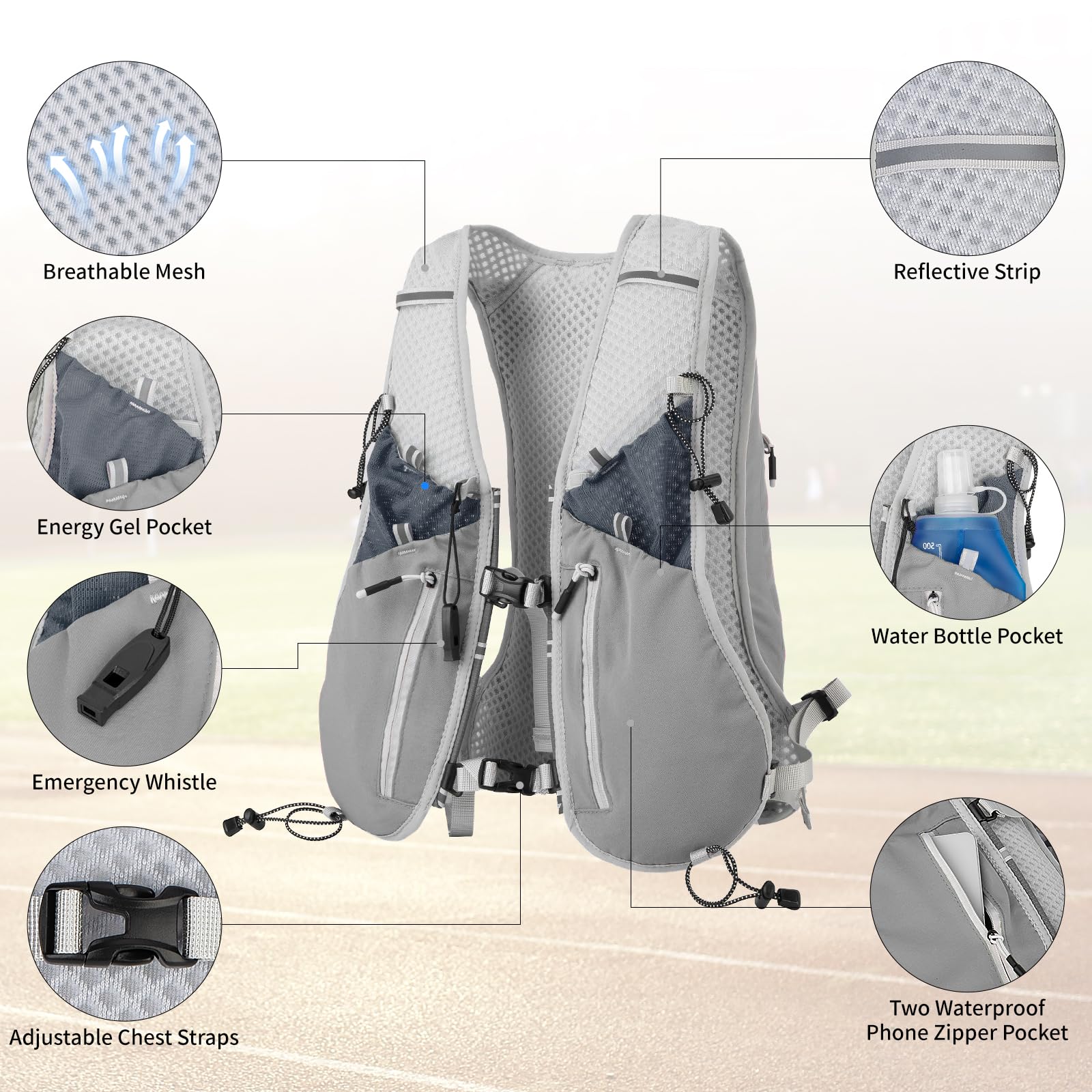 Expansea Zaino da Corsa 7L, Super Leggero Zaino Uomo & Donna, Tasche Multiple, Running Vest With Borraccia Morbida 500ml per Ciclismo, Maratona,Corsa, Arrampicata e Altri Sport All'Aria Aperta