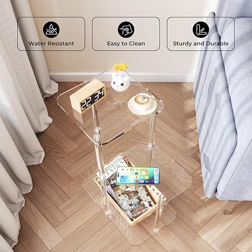 Miniatura 11 de Eglaf Mesa auxiliar redonda de acrílico – Mesa auxiliar de 3 niveles – Mesita de noche transparente pequeña mesita de noche decorativa para sala de