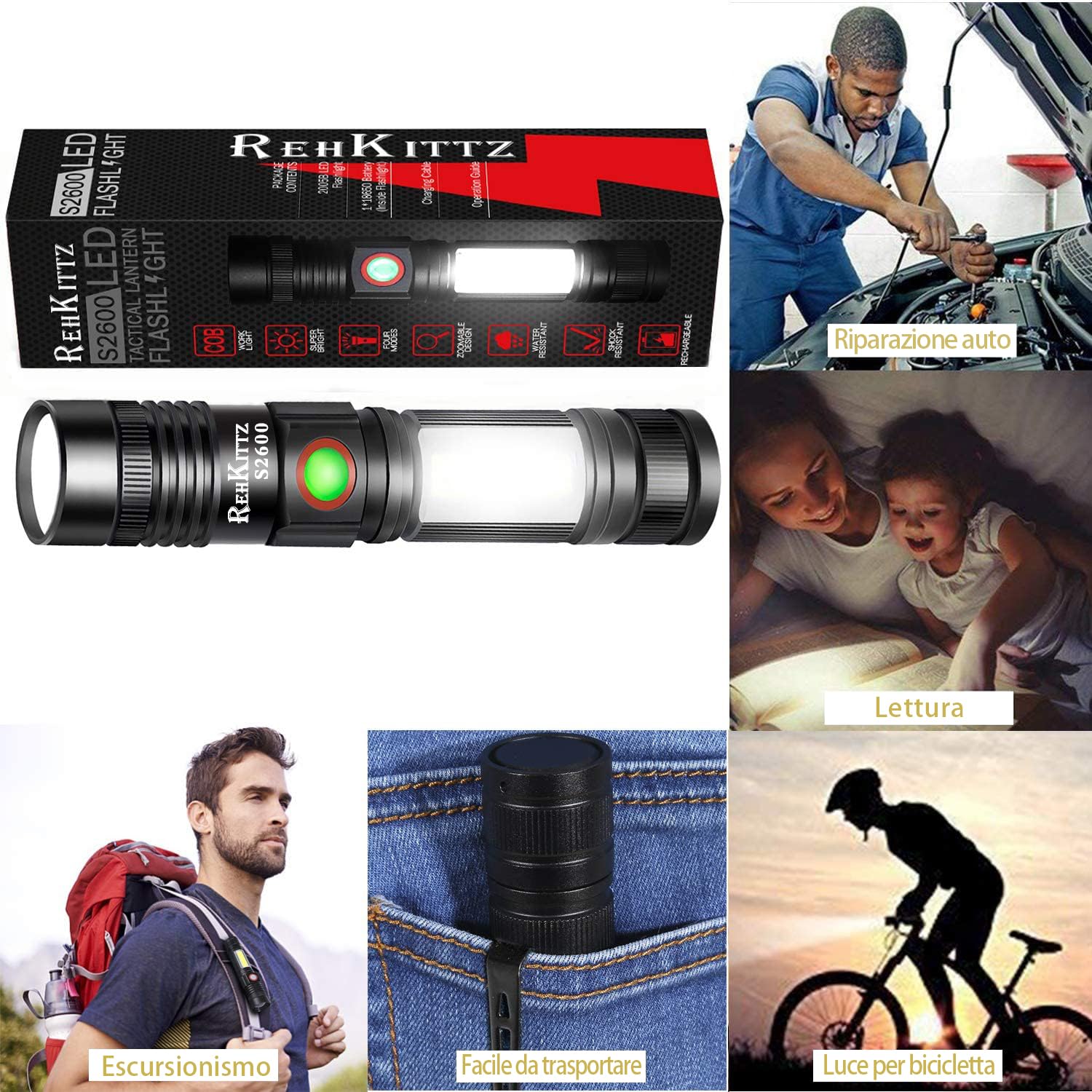 REHKITTZ Torcia LED 2000 Lumen Super Luminosa, 2500 mAh USB Ricaricabile ad Alta Capacità Portatile e Regolabile Torcia Potente, con Base Magnetica e Luce di Lavoro COB(Confezione da 1)