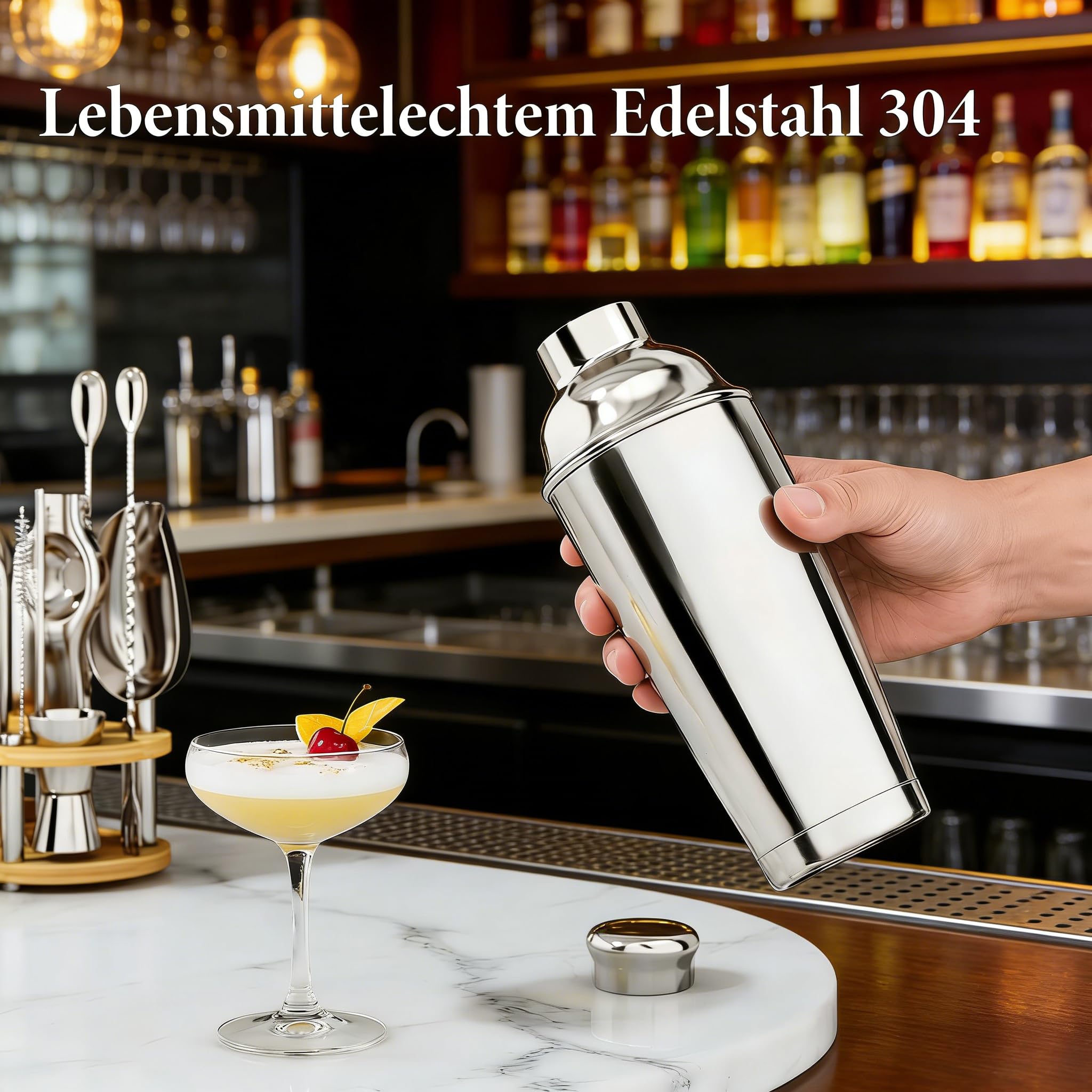 25 Stück Cocktail Shaker Set Avec Support en Bambou et Recettes | 304 Edelstahl, 700ml Boston Shaker, Komplett Bartender Kit, Professionell Bar Zubehör für Cocktails Getränke Mxen, Schenken