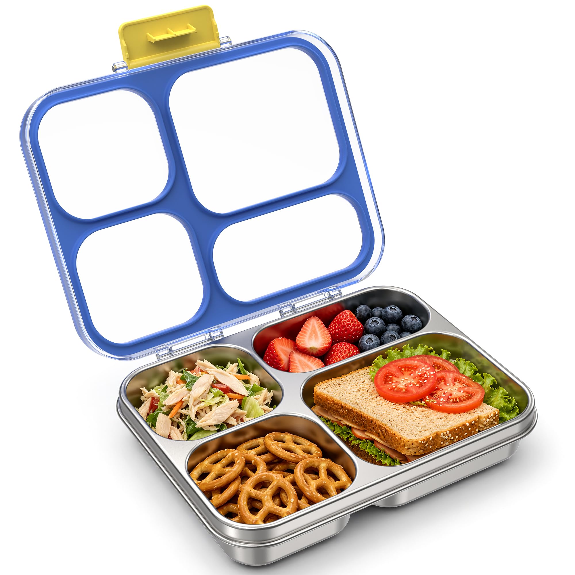 VITONIS Edelstahl Brotdose Kinder Metall Bento Lunchbox mit 4 Fächern, 930 ml Auslaufsichere Brotbox Sandwichbox Brotzeitdose Vesperdose Brotbüchse, Spülmaschinenfest Blau