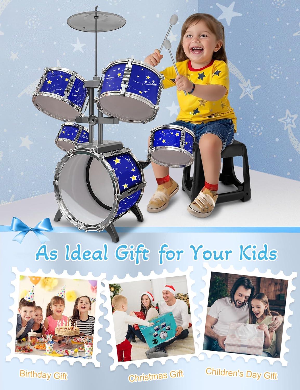 Upgraded Kids Drum Set for Toddlers Plastic Musical Jazz Drum Instruments Kit Birthday Musical Learning Toys for 4 5 6 Boys Girls, Starlight Blue