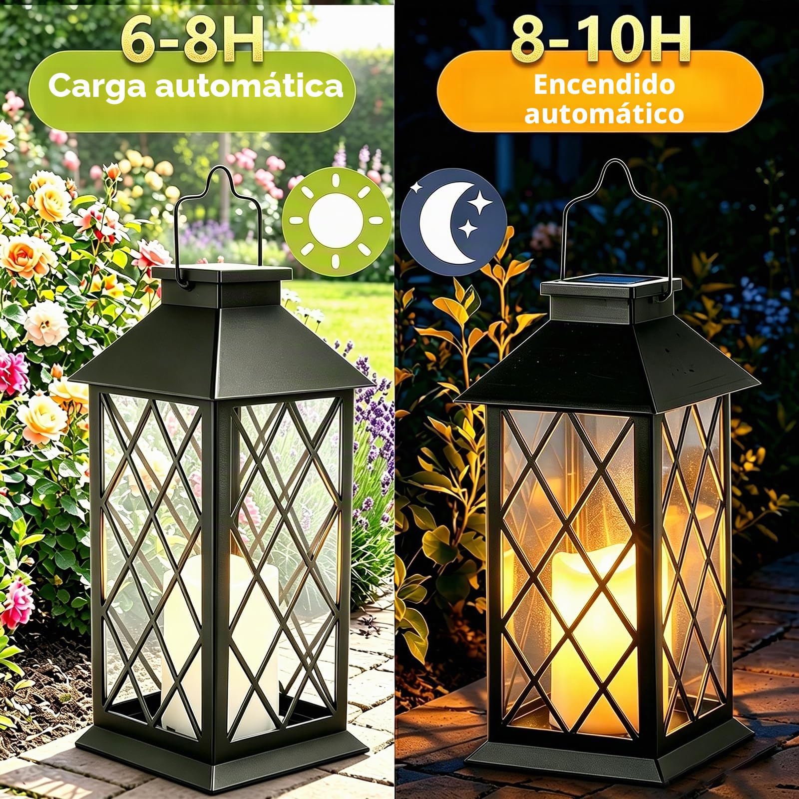 Yowin Farolillos Solares Exterior 2 Piezas 22cm Grande Lampara Jardin con Vela Parpadeante, Vidrio Templado, Farol Solar Impermeable Lintern Exterior Mesa para Adornos Jardin Terraza Balcón - Negro