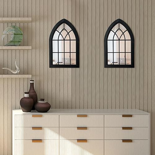 Miniatura 4 de Espejo de pared con marco de madera para ventana, 2 piezas, espejo rústico de granja, espejo de entrada con marco de madera para sala de estar,