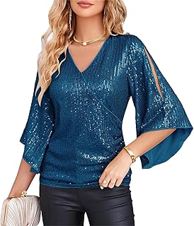 GRACE KARIN Women's Sequin Tops 3/4 Sleeve Glitter Sparkly Party Blouse Wraped V-Neck Fall Going Out Shirt