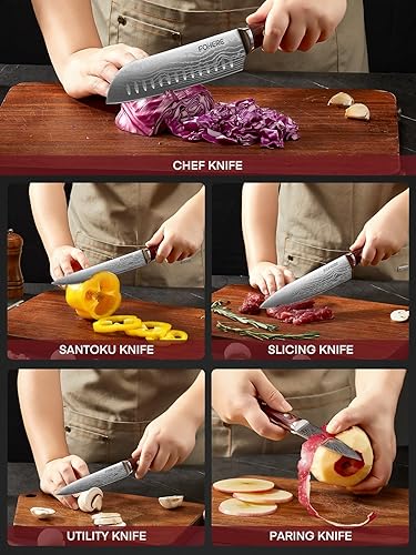 Miniatura 8 de FOHERE Juego de cuchillos de cocina con mango ergonómico de madera de Pakkawood roja, juego de cuchillos de chef profesionales ultra afilados, juego