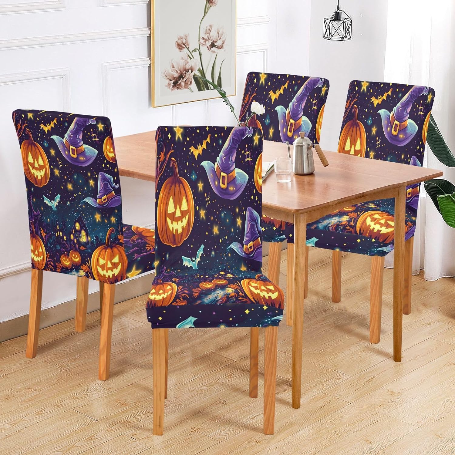 ALAZA Chair Covers for Dining Room, Pumpkin Magic Hat Stretch Chair Cover Sets Chair Protector Removable Washable for Ktichen Restaurant Hotel
