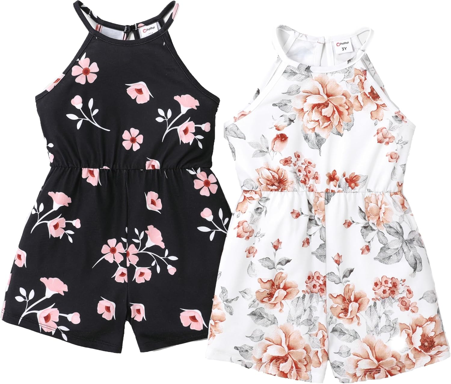PATPAT Rompers for Girl 2 Pack Sleeveless Floral Print Summer Tropical Jumpsuits Size 3-12 Years