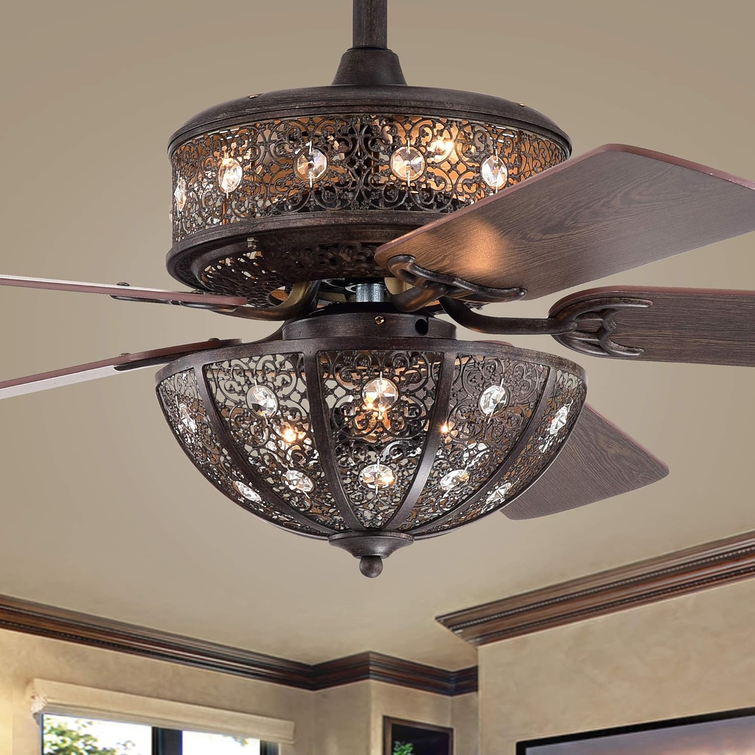 Close-up of the ceiling fan's motor housing and blade attachment points.