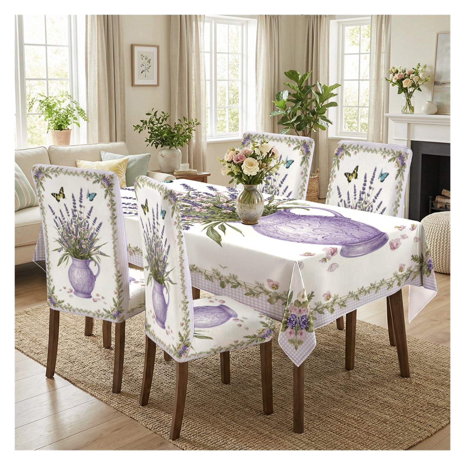 BOSUYBN Lavender Butterfly Dining Tablecloth & Chair Covers Set, 5/7 Piece Provence Floral Cottage Home Decor Table Setting(5pcs Set: Tablecloth+Chair Covers)