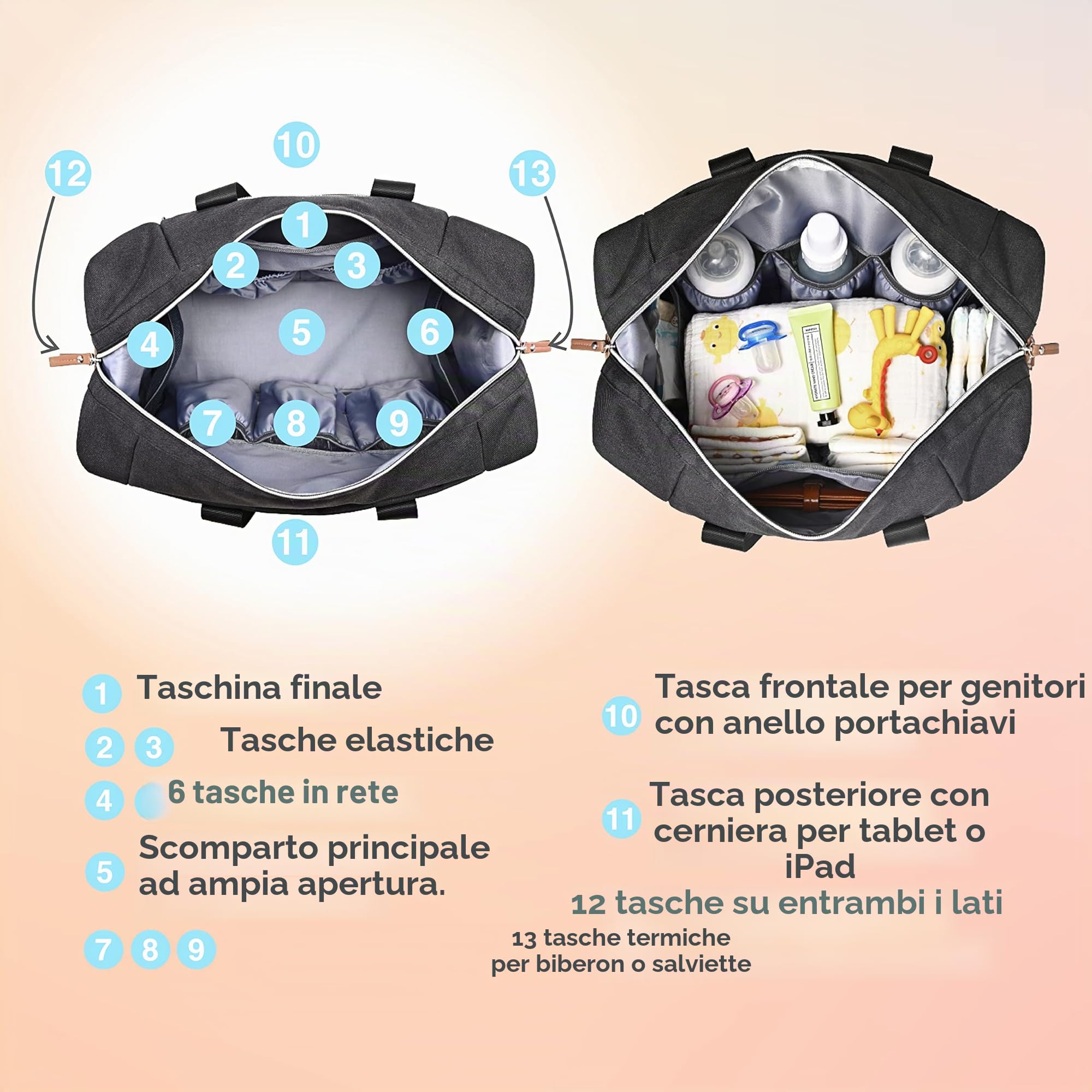 Borsa fasciatoio per neonati grande elegante da viaggio con porta ciuccio
