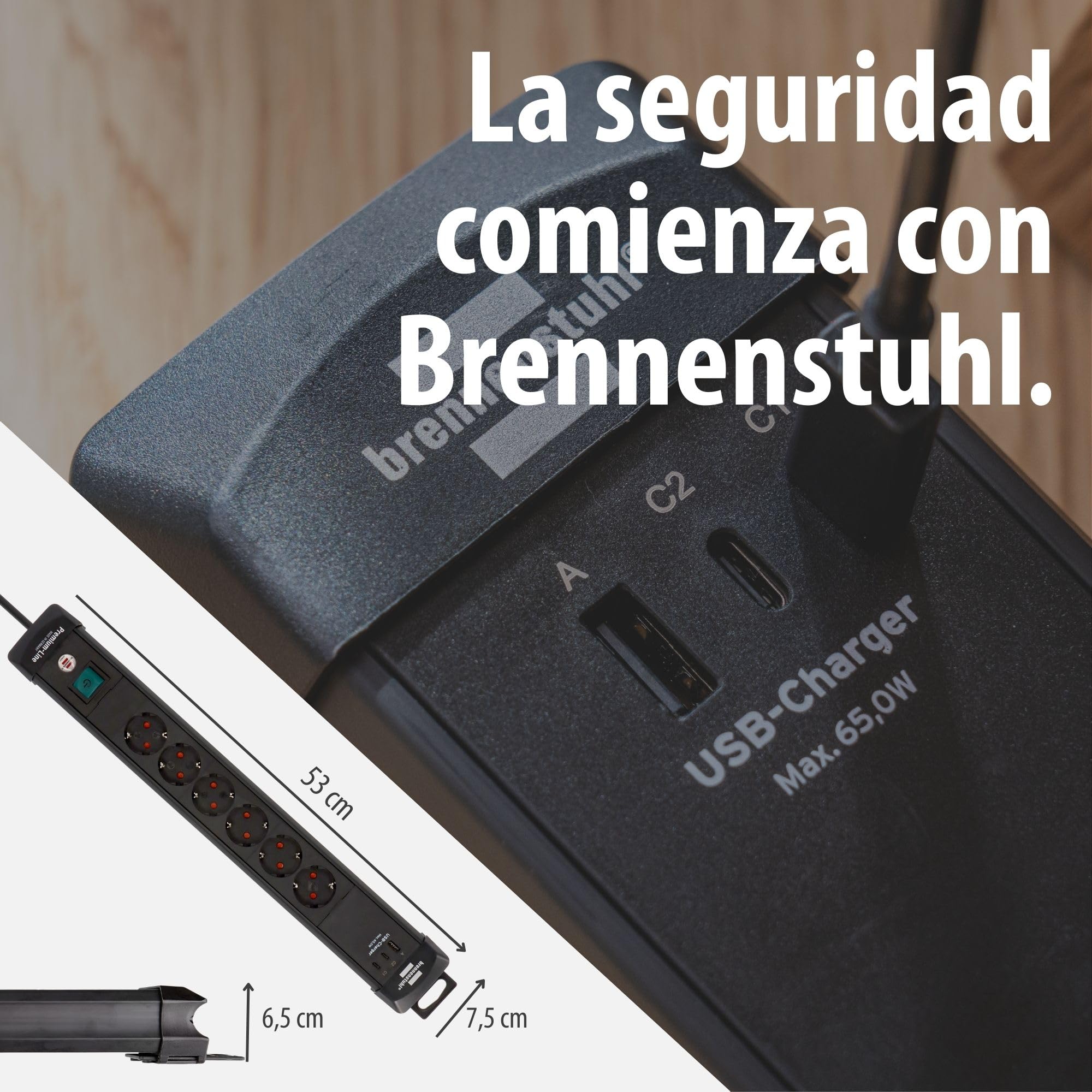 Brennenstuhl Premium-Line regleta de enchufes de 6 vías con 2X USB C PD 65W y USB A 18W (Made in Germany, regleta con Interruptor y Cable de 3m, para Montaje en Pared) Negro