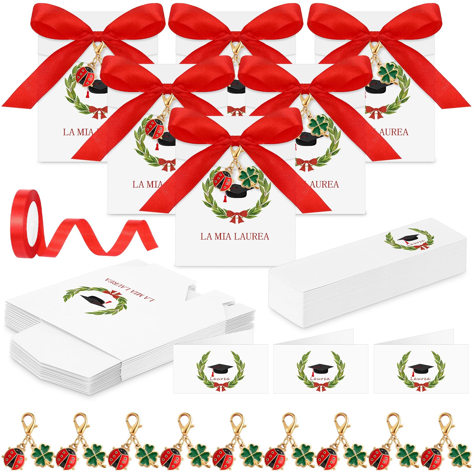 BBTO 30 Set Bomboniere Laurea Scatoline Portaconfetti Laurea Portachiavi Portafortuna con Ciondoli Coccinella Bigliettini Bomboniere Nastro Rosso Regali Fai da Te Decorazione Festa
