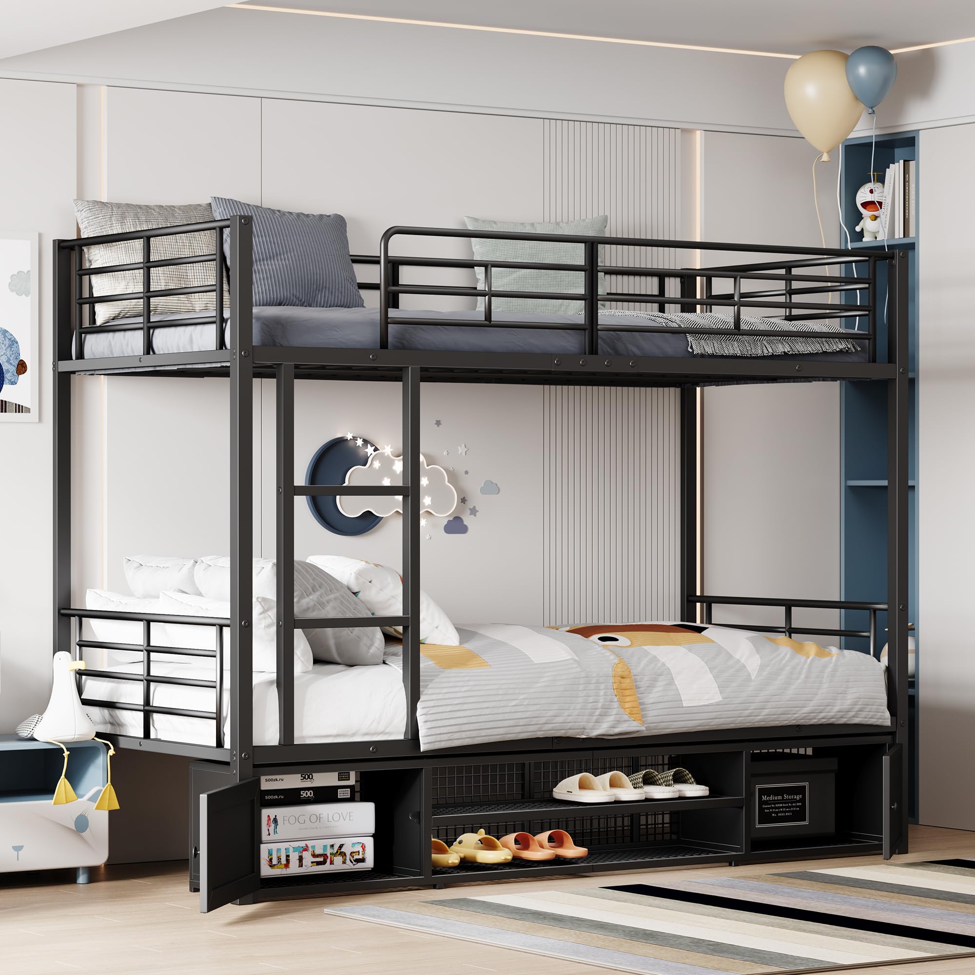 Cama con marco de hierro, 90 x 200 cm, litera, zapatero abierto, armario de almacenamiento pequeño de doble puerta, adecuado para niños y adolescentes, con escalera lateral, con rejilla anticaídas,