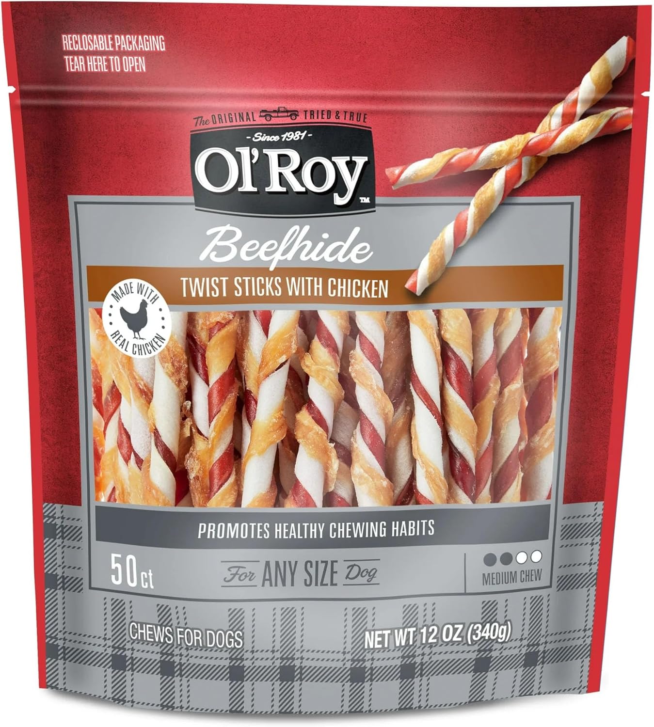Rawhide Twist Sticks with Chicken, 50 Count, 12 oz, 5 Inch Dog Chews, Long Lasting Treats for All Dog Sizes, Made with Real Chicken, Natural Beefhide, Helps Promote Healthy Chewing Habit by Ol-Roy