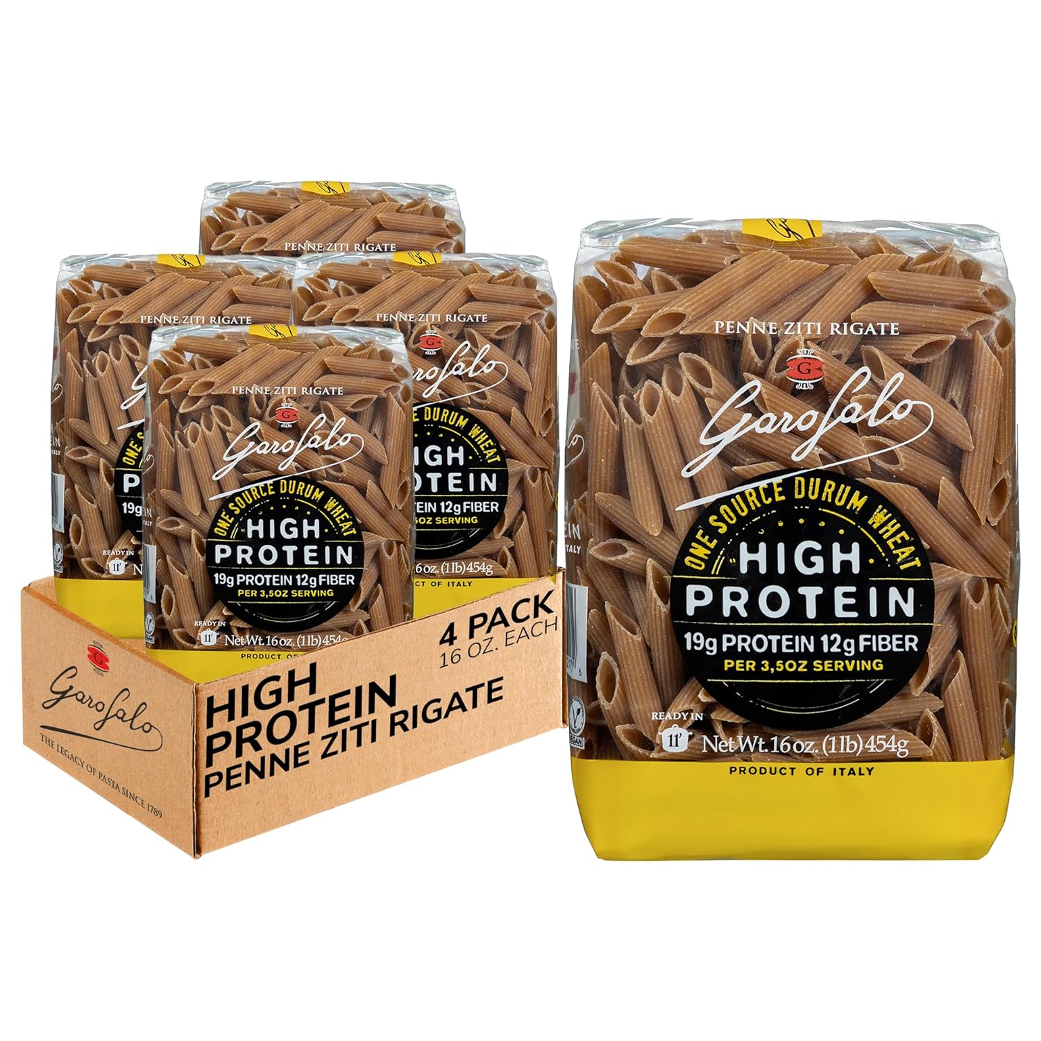 Garofalo - High Protein Penne Rigate Pasta | Premium Durum Wheat Semolina with 19g Protein & 12g Fiber | Italian Made, Bronze-Drawn, PGI Certified (16 oz, 4-Pack)
