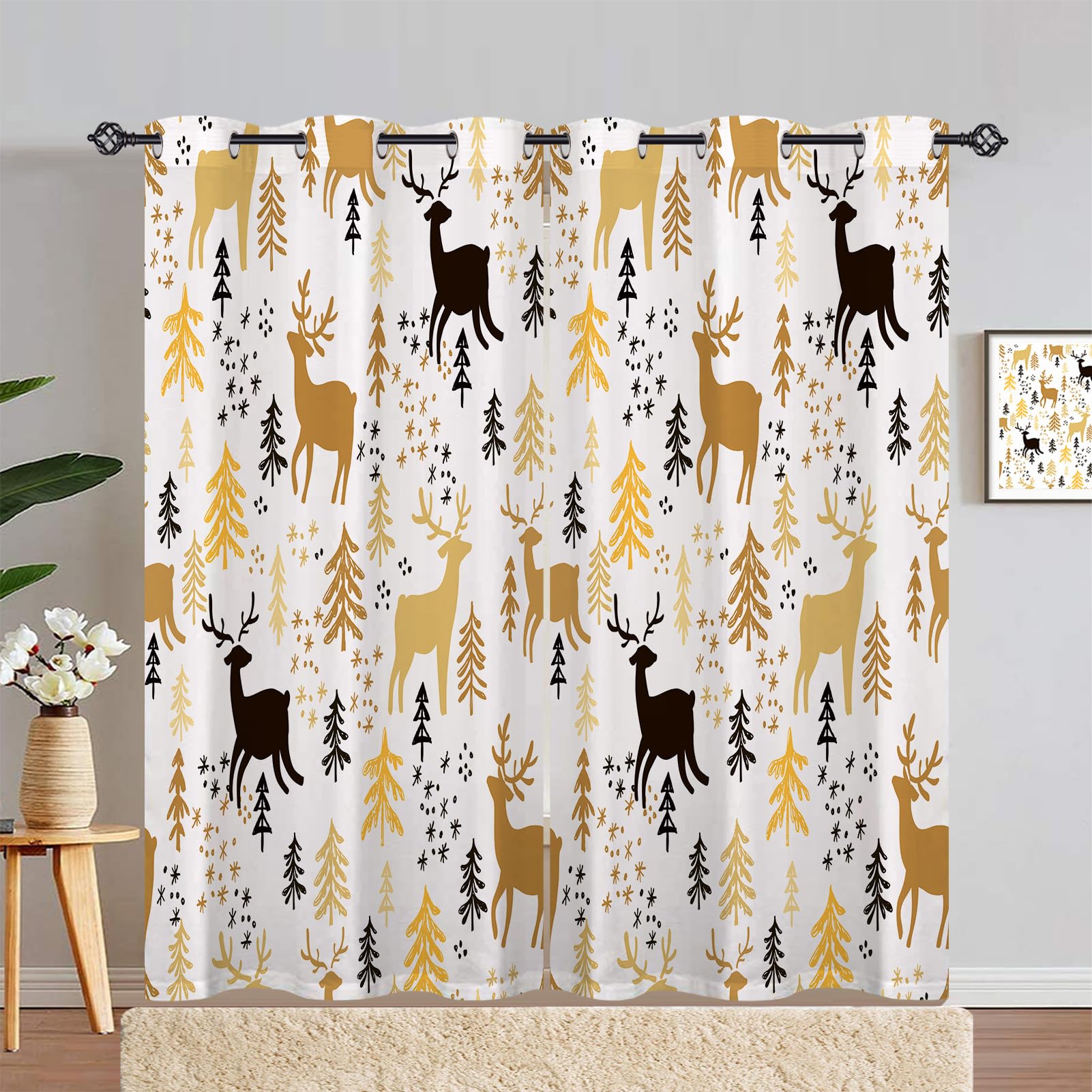 ANHOPE Deer Curtains Eyelet Soft Thermal Insulated Blackout Curtains Christmas Theme Forest Tree Snowflake Print Pattern Ring Top Drapes for Bedroom Living Room 66 x 90 Inch Drop 2 Panels โ image 1