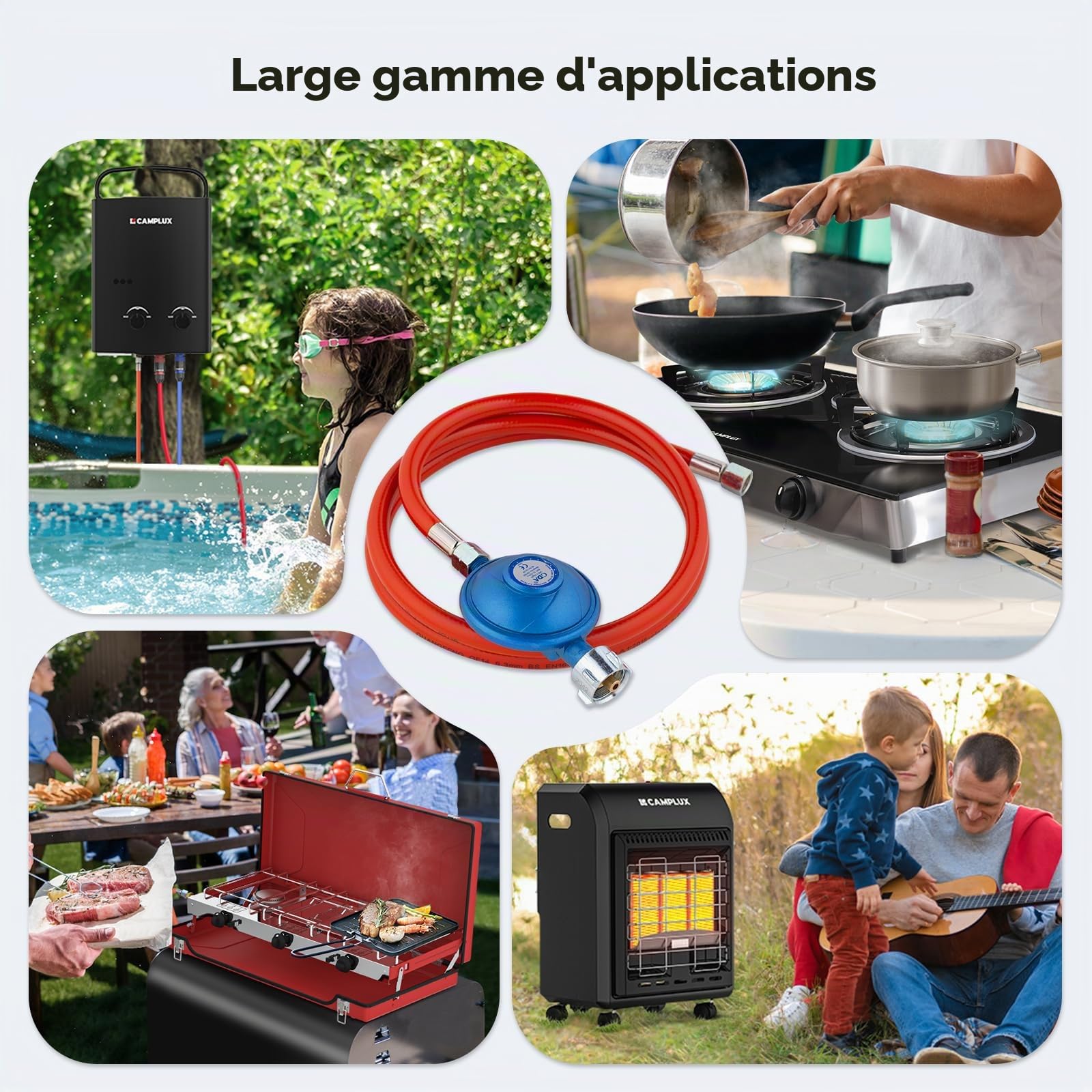 CAMPLUX GE100B Détendeur de Gaz 50mbar avec Tuyau de 150 cm, W21,8 × 1/14" LH vers G1/4"-LH, Débit de 1,7 kg/h, Régulateur de Gaz pour Barbecue, Réchaud et Chauffage