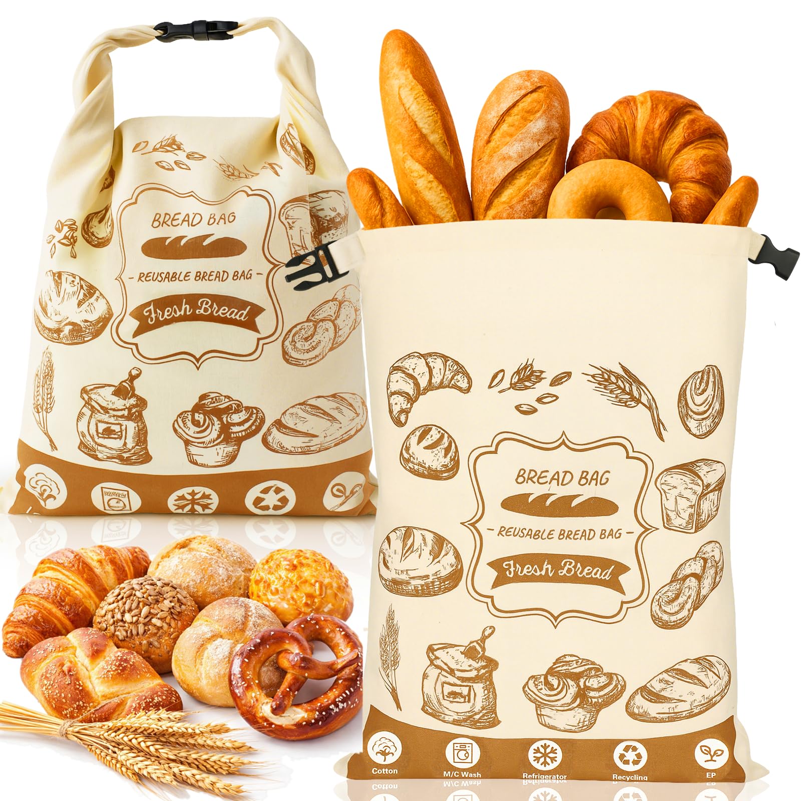 Wiederverwendbare Brotbeutel mit Innenauskleidung, für Selbstgemachtes Brot, Große Brottüten Gefriergeeignet, Brotsack Frischhalten, 40x31.5 cm