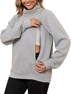 Bhome Nursing Sweatshirt for Breastfeeding High Neck Long Sleeve Nursing Shirt Zipper Maternity Pumping Top Pullover