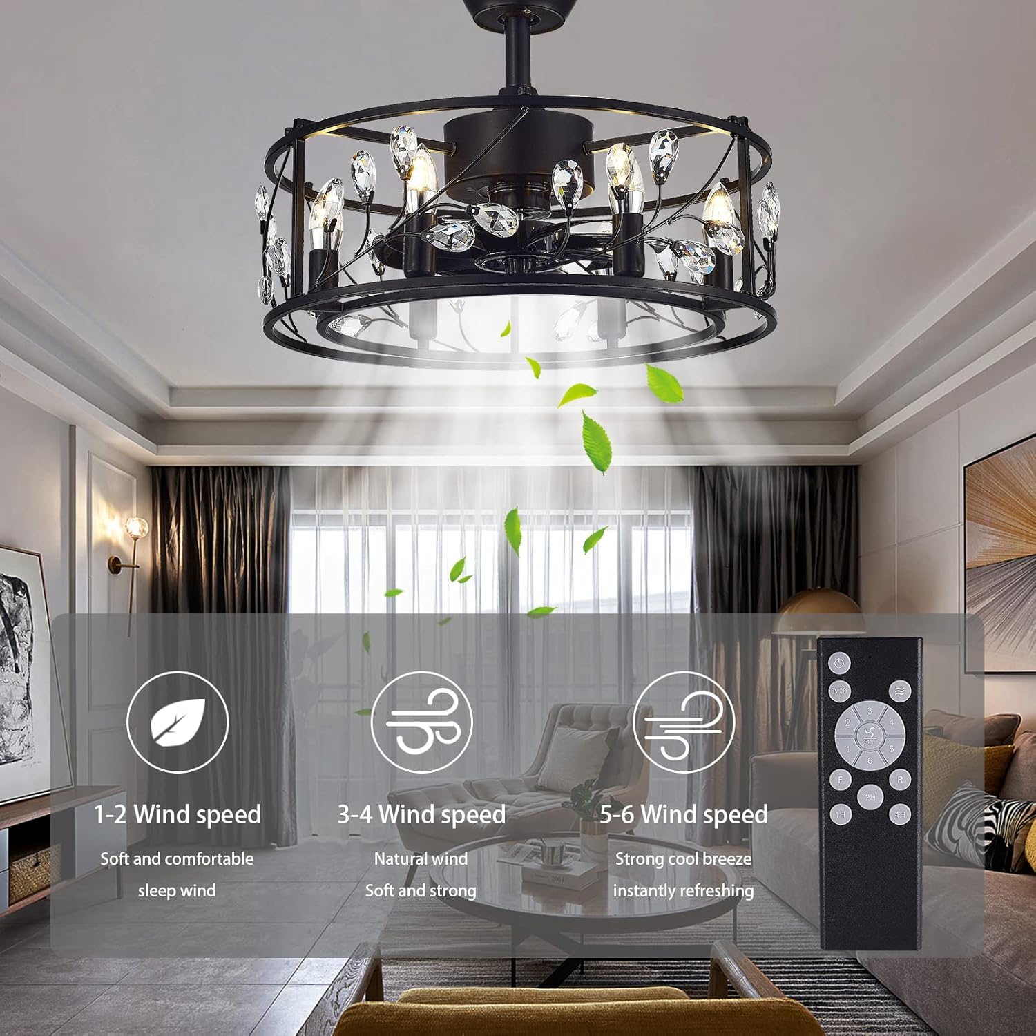 Jescory Caged Ceiling Fan with Lights Remote Control, Modern Flush Mount Small Ceiling Fan, Black Chandelier Enclosed Ceiling Fan for Bedroom, Include Led Bulbs : Tools & Home Improvement