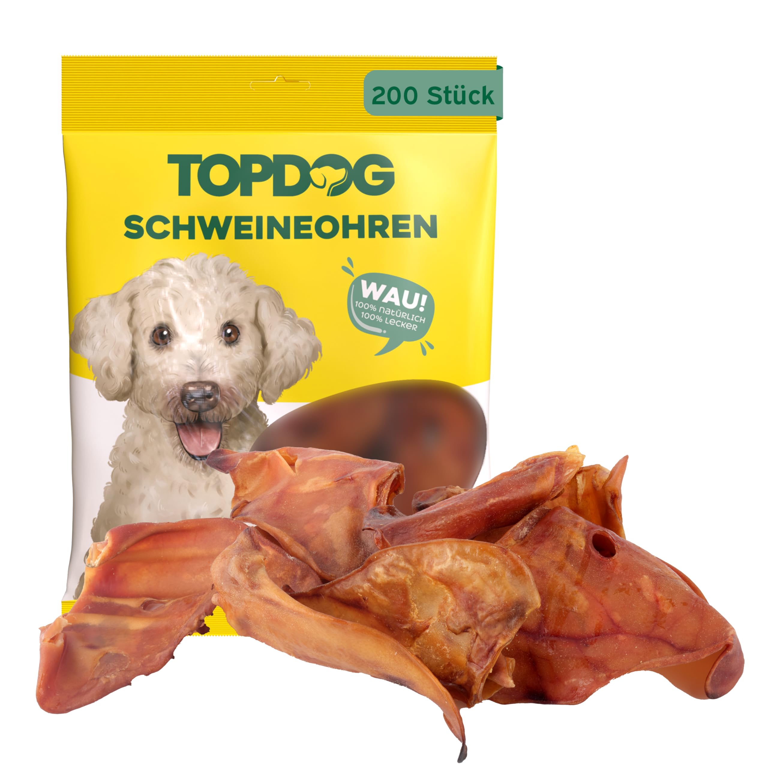 Topdog XL Schweineohren Hunde 200 Stück - Ganze getrocknete Schweineohren für Hunde ohne fettige Muschel - 100% natürlich aus Deutschland - Langanhaltender Kauspaß mit Genuss und Pflege