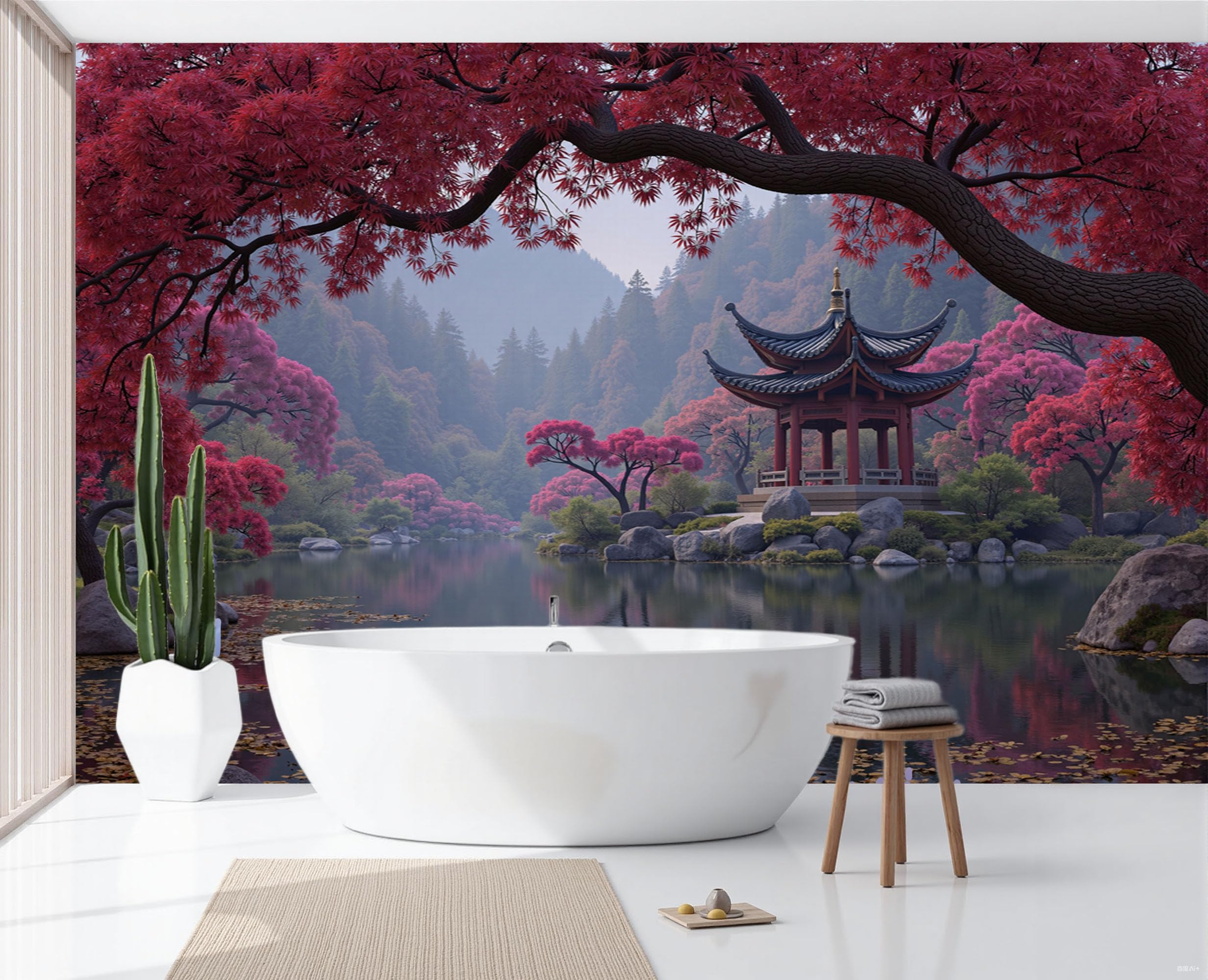 Papier peint panoramique japonais pavillon lac érable rouge foncé 300x210cm