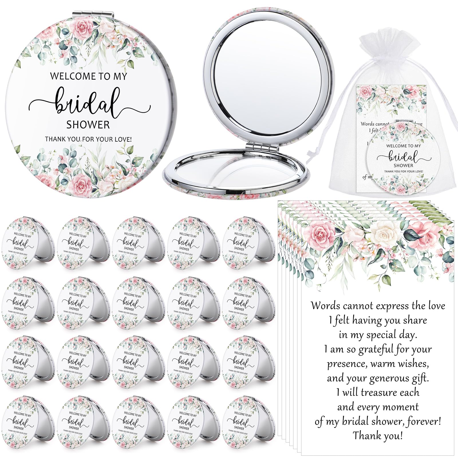 Photo 1 of XunYee Pink Floral Compact Mirrors with Organza Bags & Cards (50 Sets)