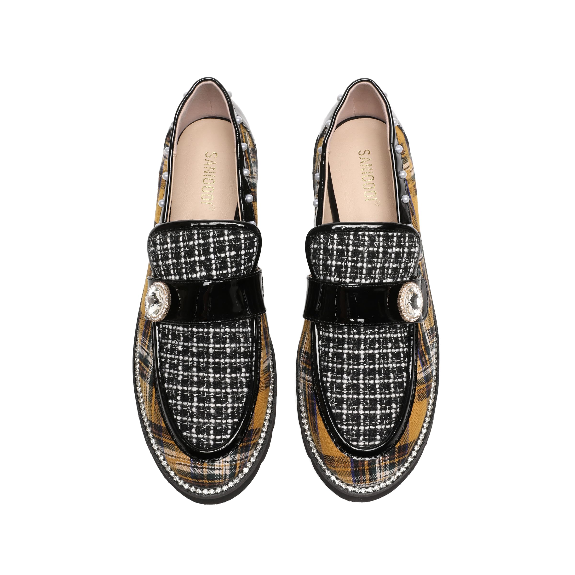Women's Plaid Lug Sole Penny Loafers,Ladies Sparkly Rhinestones Pearl Trendy Low Heel Slip on Dressy Holiday Shoe Round Toe Comfort Party Evening Glitter Memory Foam Shoe-image-34
