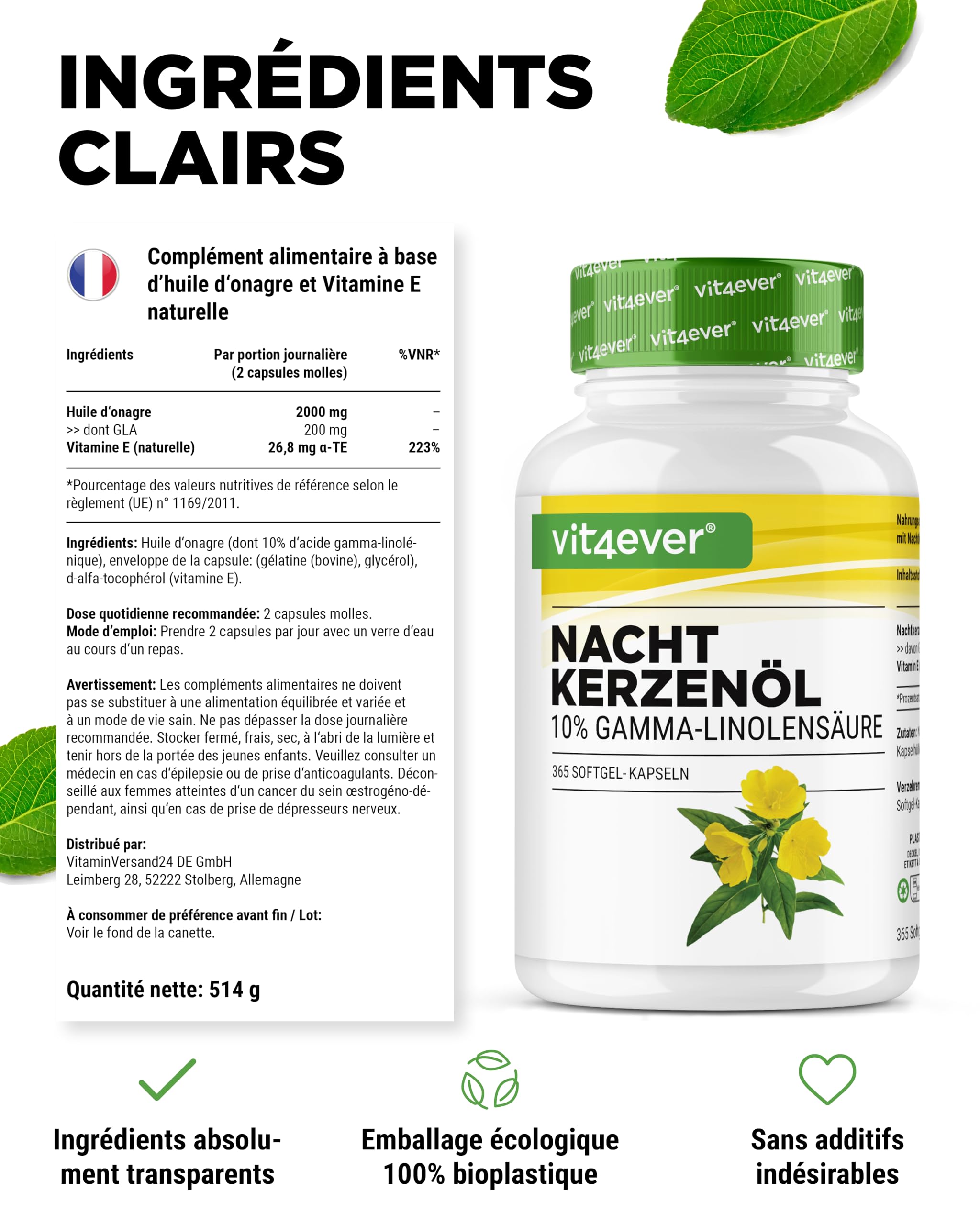 Huile d'Onagre - 365 Capsules - Fortement Dosée avec 2000 mg par Dose Journalière - Premium : 10% d'Acide Gamma-Linolénique GLA, avec Vitamine E Naturelle & Pressée à Froid