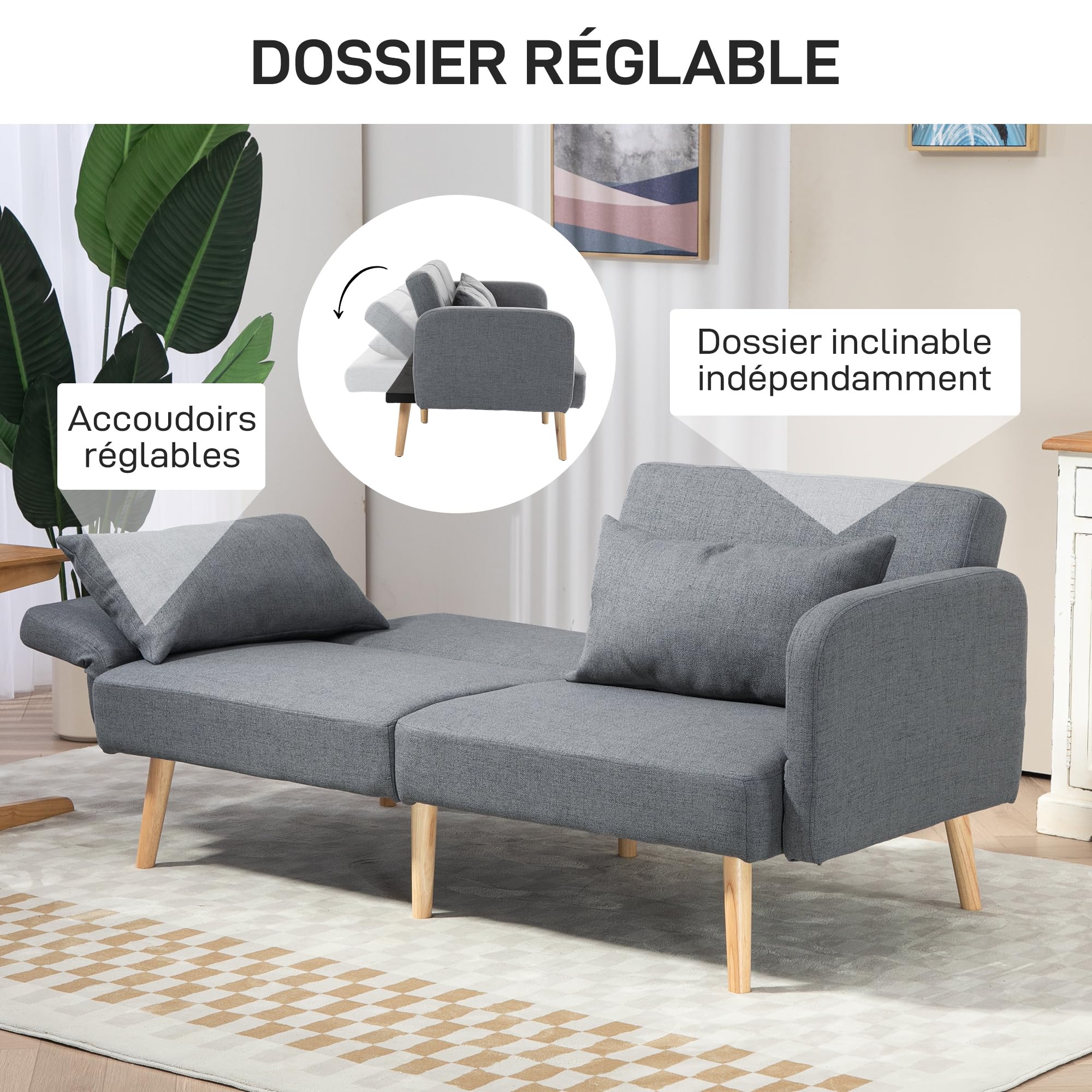 HOMCOM Canapé Convertible 3 Places Canapé-Lit 2 Places Clic Clac Gris | Dossier Inclinable, Accoudoirs Réglables, Tissu Effet Lin, Pieds en Bois Massif, 2 Coussins Lavables
