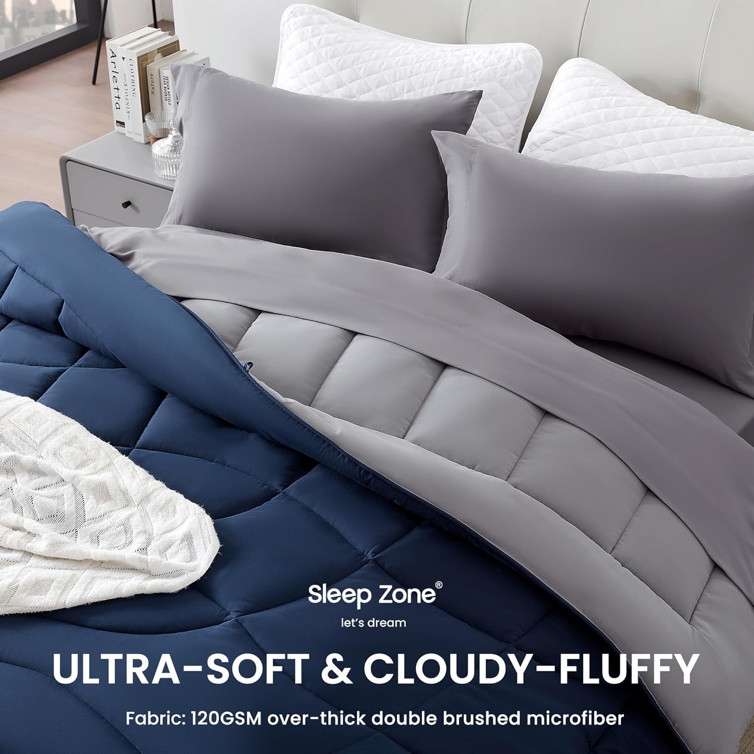 SLEEP ZONE Comforter Duvet Insert, Twin/Twin XL Size Quilted Reversible Comforters, Soft All Season Duvet, Down Alternative Breathable Bedding with 8 tabs, 2 Sides Navy Gray 88 x 68 Inches - Image 3