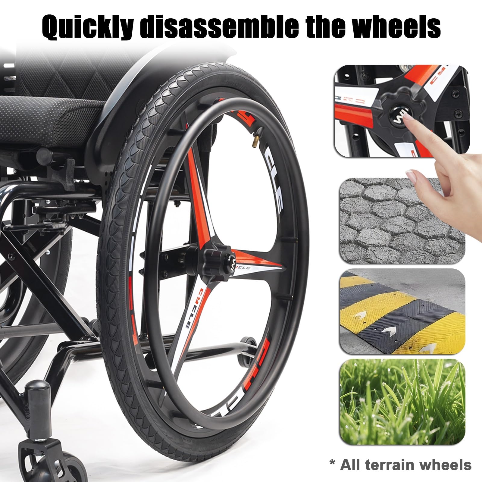 Sedia a rotelle sportiva pieghevole for tutti i terreni, sedia manuale portatile, sedia a rotelle pieghevole leggera e autospinta, sedia a rotelle da trasferimento autospinta(40cm/15.7in)
