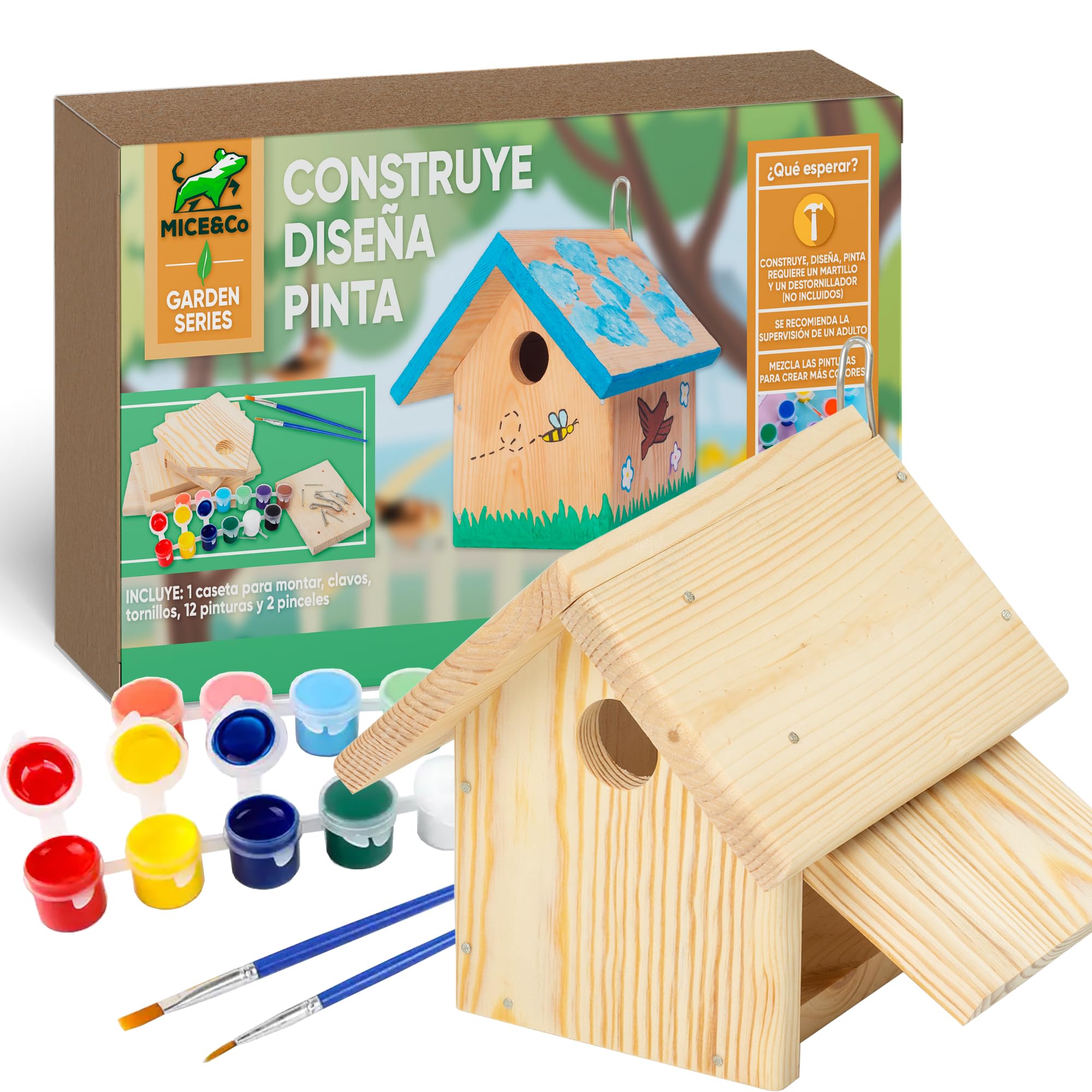 Mice&Co Caseta para Pájaros DIY - Casa para Pájaros de Madera para Pintar, Kit Montaje con Pinturas, Casa Aves Pintar Exterior | Casita Bricolaje Manualidades para Jardín, Refugio para Aves Ecológico