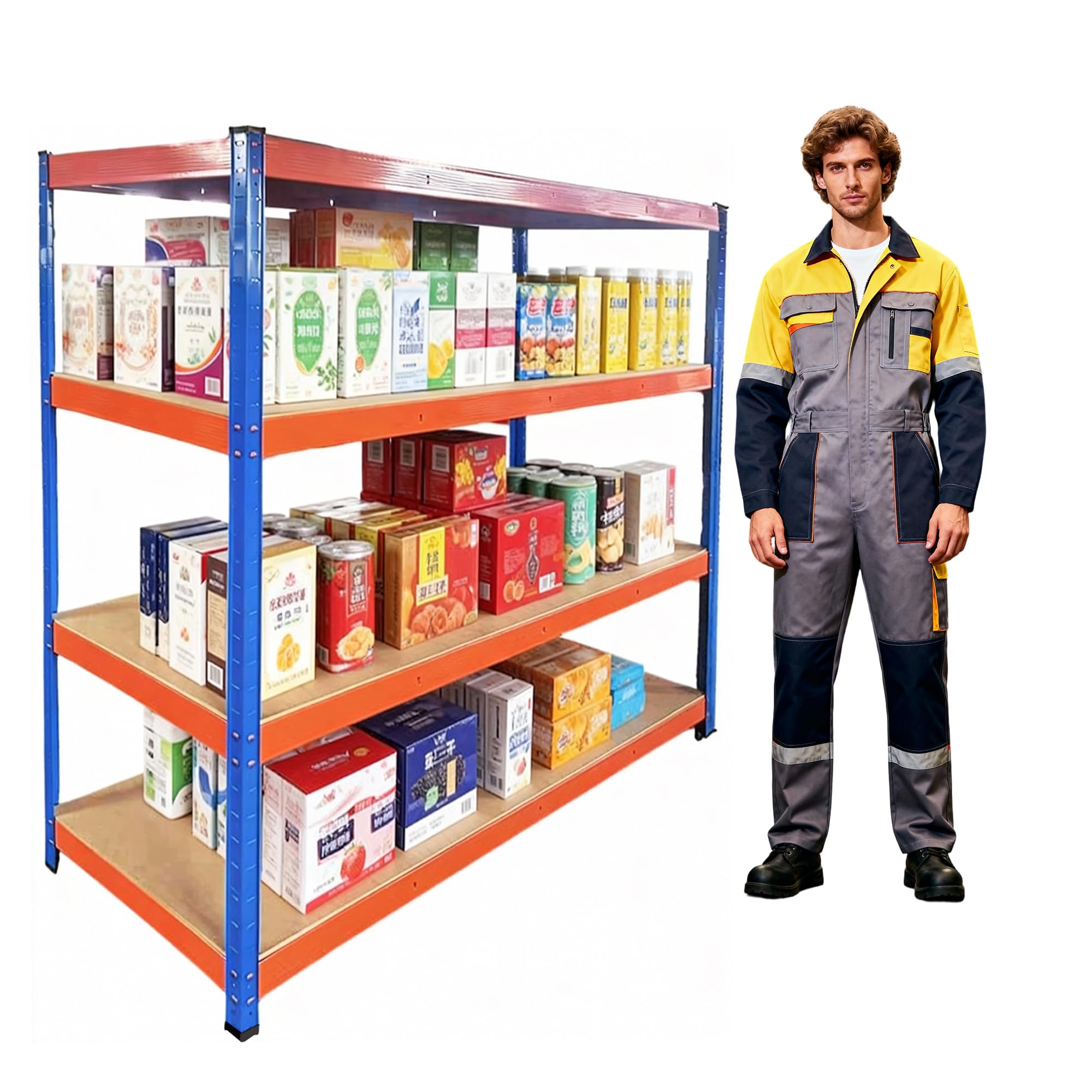 Professional Heavy-Duty Garage Shelving Unit – 4-Tier Boltless Steel Storage Rack with 9mm MDF Shelves, 400kg Per Shelf, 1600kg Total Capacity, Industrial Strength (Blue+Orange, 150X60X180) — image 1