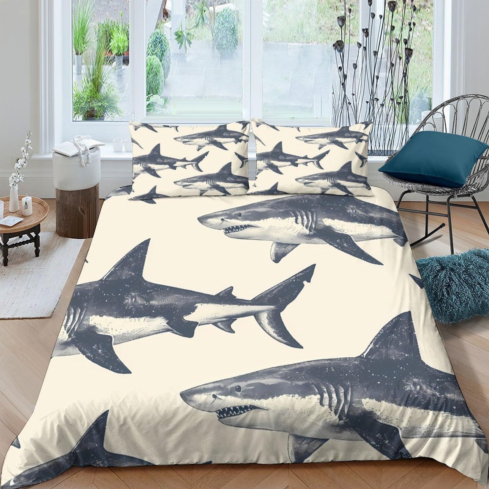 Ctjqhvkz Style-3 3D Printed Shark Ocean Fitted Sheet Microfiber Soft Breathable Sea Predator Mattress Cover Bedroom Decor Single（135X200cm）