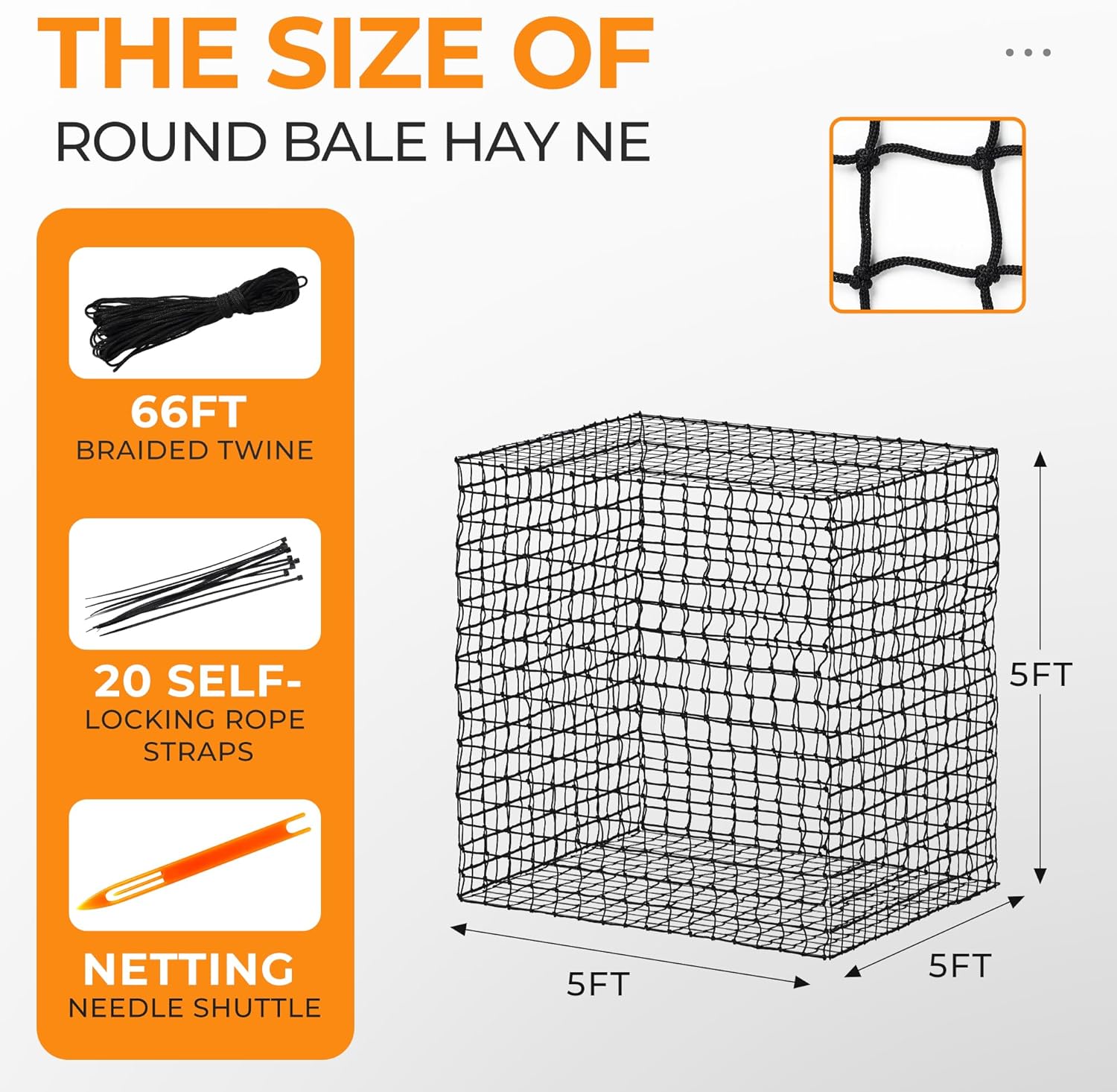 FRUITEAM 5 * 5 ft Round Bale Hay Net for Horses, Round Bale Feeder with 2 inch Hole, Hay Nets for Horses Slow Feed, Knot Design - More Durable Hay Net with Repair Tool
