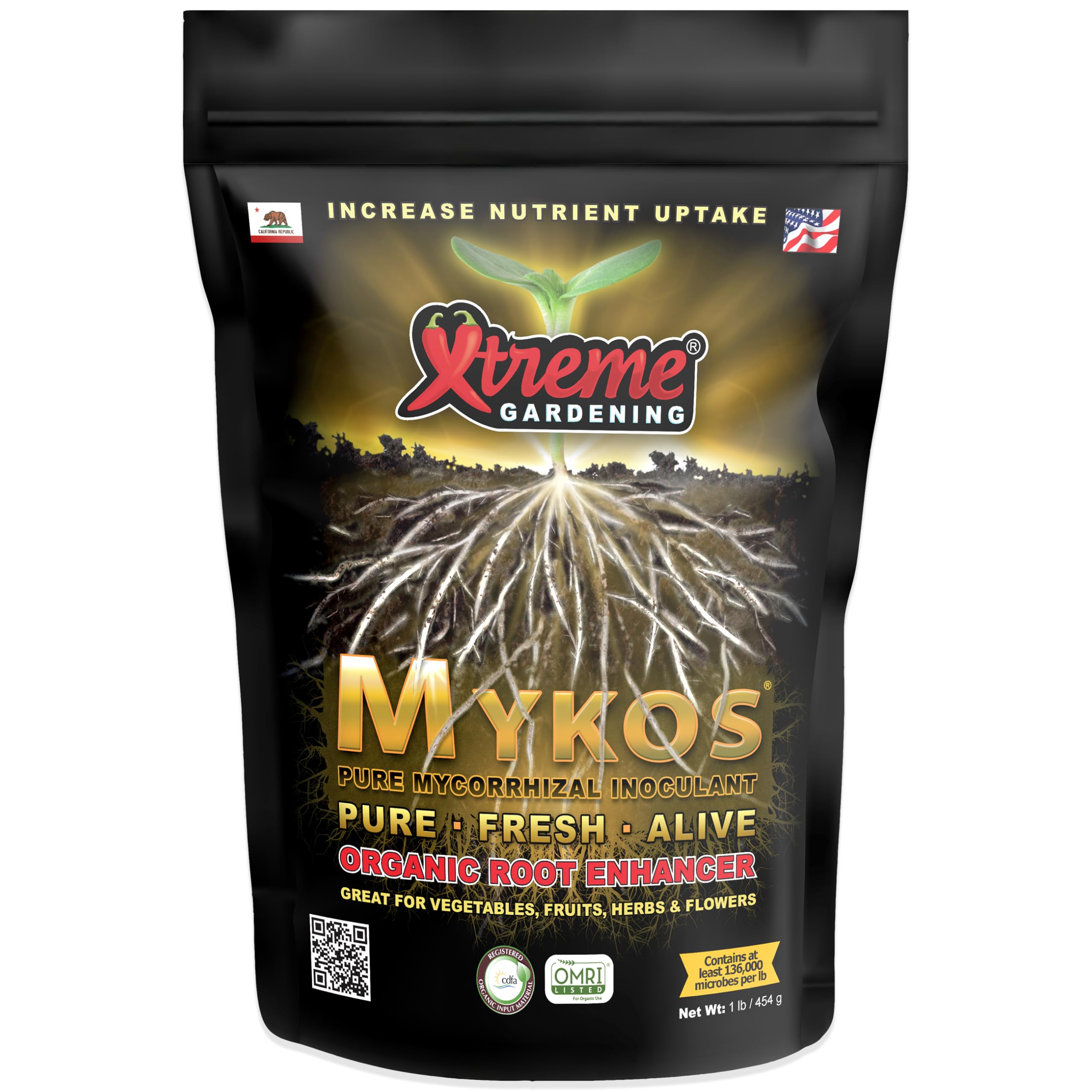 Xtreme Gardening Mykos 1 lb – Mycorrhizal Fungi Root Stimulator for Plants – Organic Root Booster for Stronger Roots, Bigger Growth & Higher Yields – Mycorrhizae for Vegetables, Flowers & Trees