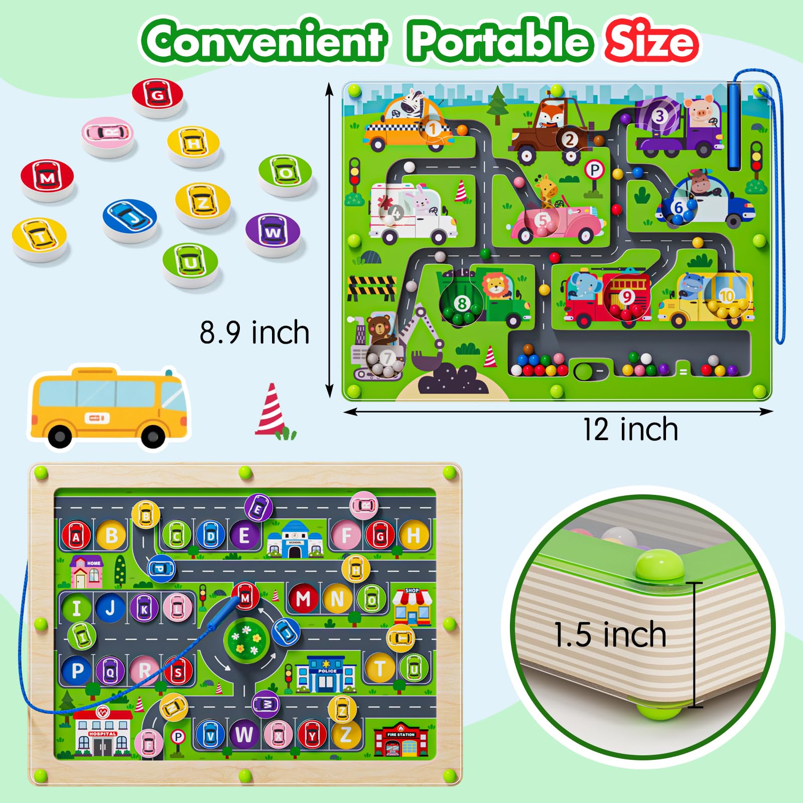 2 en 1 laberinto magnético con números de coche, tablero de conteo del alfabeto magnético, rompecabezas de madera, juguete preescolar Montessori, regalo para niños y niñas de 3 a 5 años (laberinto de